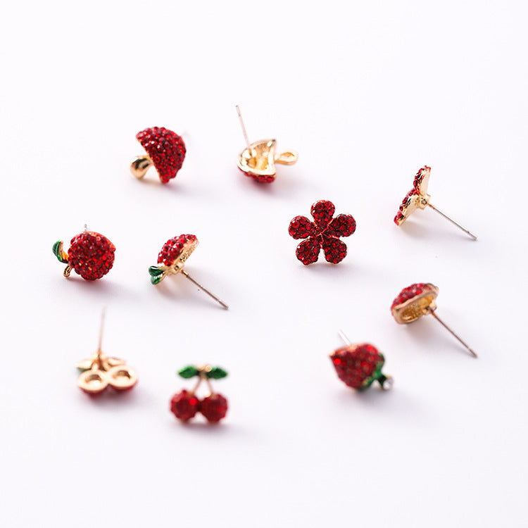 925 Silver Needle Festive Red Cherry Strawberry Fruit Stud Earrings Small Flowers Mushrooms Full Diamond Earrings