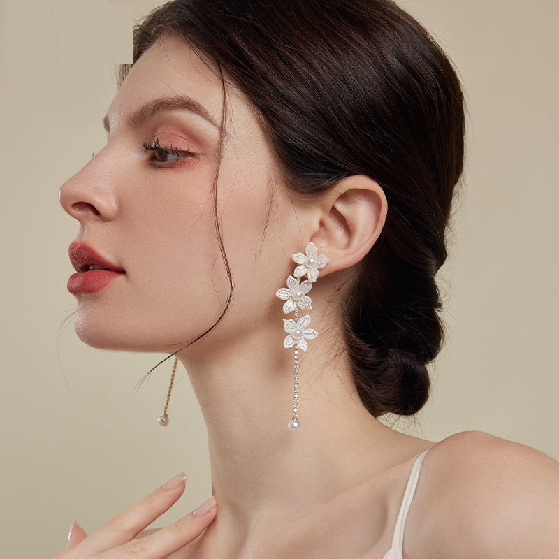 White Flower Tassel Earrings Fairy
