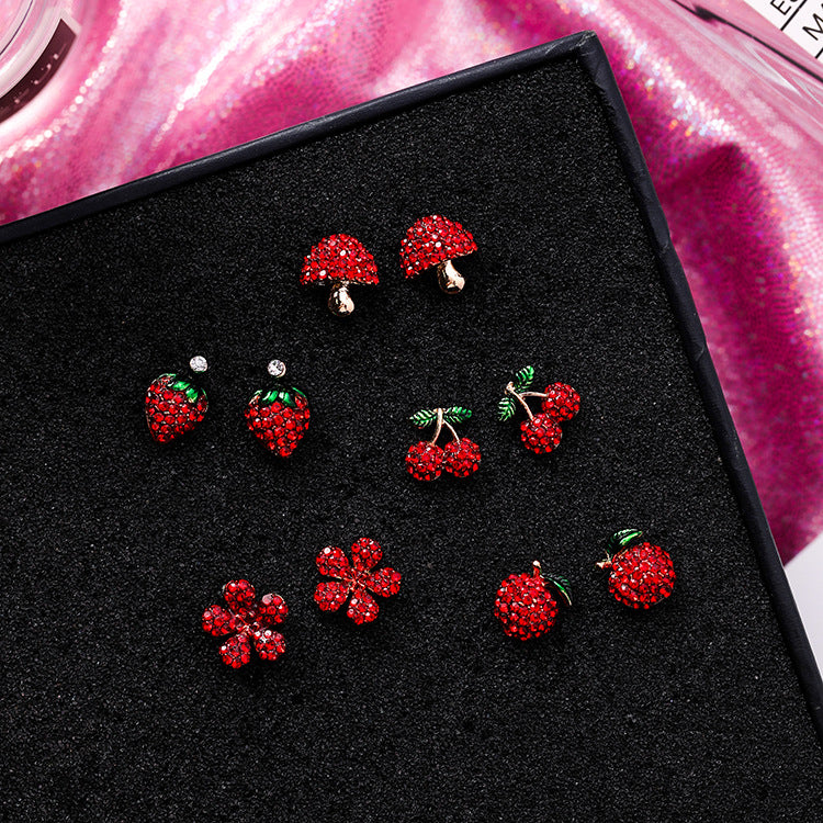 925 Silver Needle Festive Red Cherry Strawberry Fruit Stud Earrings Small Flowers Mushrooms Full Diamond Earrings