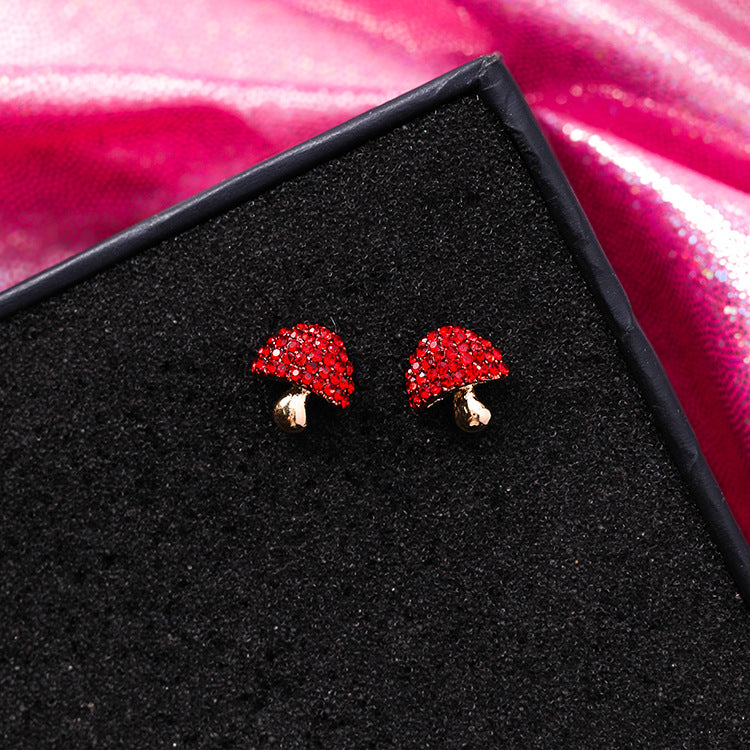 925 Silver Needle Festive Red Cherry Strawberry Fruit Stud Earrings Small Flowers Mushrooms Full Diamond Earrings