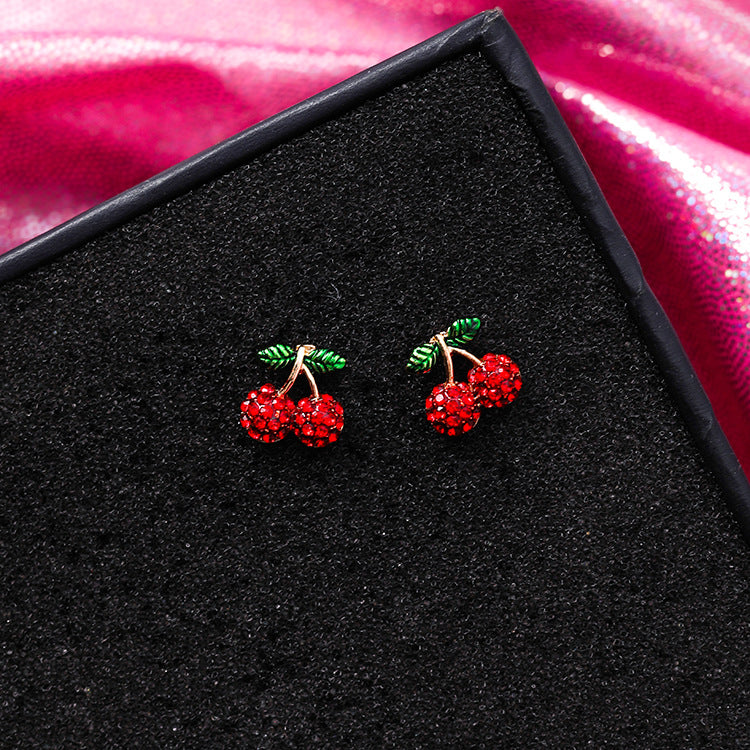 925 Silver Needle Festive Red Cherry Strawberry Fruit Stud Earrings Small Flowers Mushrooms Full Diamond Earrings