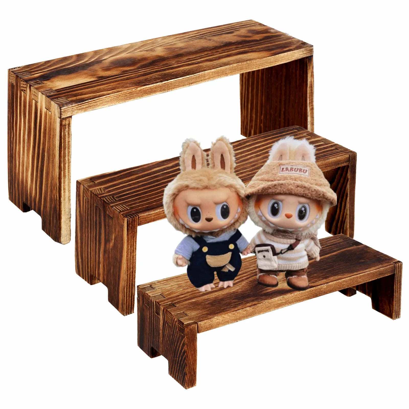 3PCS labubu Wood Display Risers Rectangular Pine Display Stands Stackable Riser Stands Decorative Display Rack Shelf for popmart