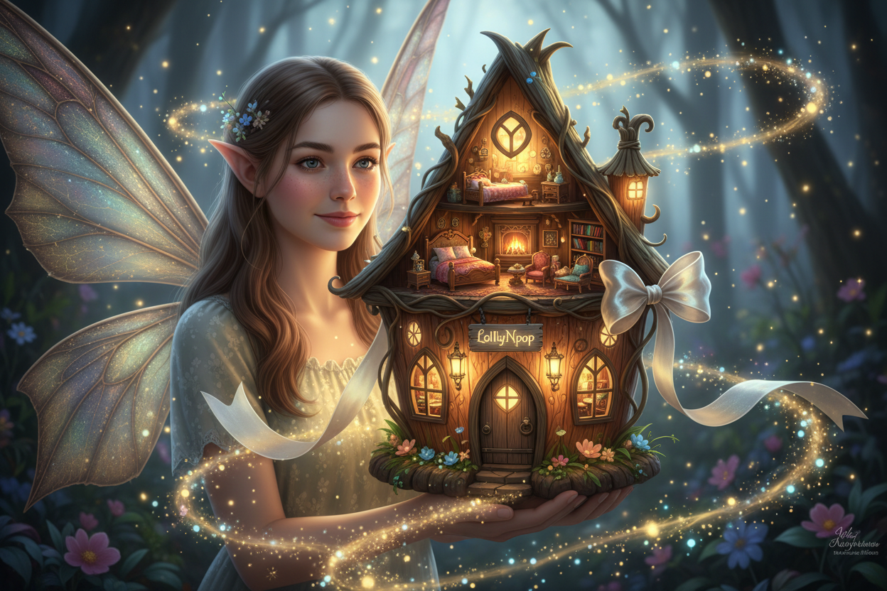 Fairy house with rooms lit up and miniature furniture. A magical fairy walkway. A sign above the door that says “LollyNpop Fairy”. A realistic teenage beautiful fairy holding a fairy house glowing Fairy houses made to gift to someone when they don’t know what to do. Promotes spiritual emotional and physical healing. Imagination creates own personal fairy of which help person gifted the fairy to talk things out. Fairy house with rooms lit up and miniature furniture. A magical fairy wa a bow to give as gift. 