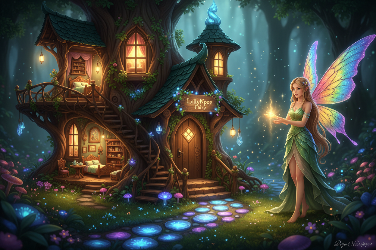 Fairy houses made to gift to someone when they don’t know what to do. Promotes spiritual emotional and physical healing. Imagination creates own personal fairy of which help person gifted the fairy to talk things out. Fairy house with rooms lit up and miniature furniture. A magical fairy walkway. A sign above the door that says “LollyNpop Fairy”.Realistic with a beautiful teenage fairy outside. 