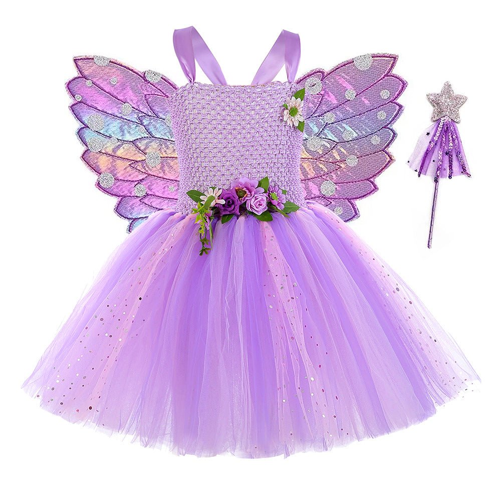 Purple Flower Fairy Elf Girls' Tulle Princess Children's Wings Fairy Role-Play Dress